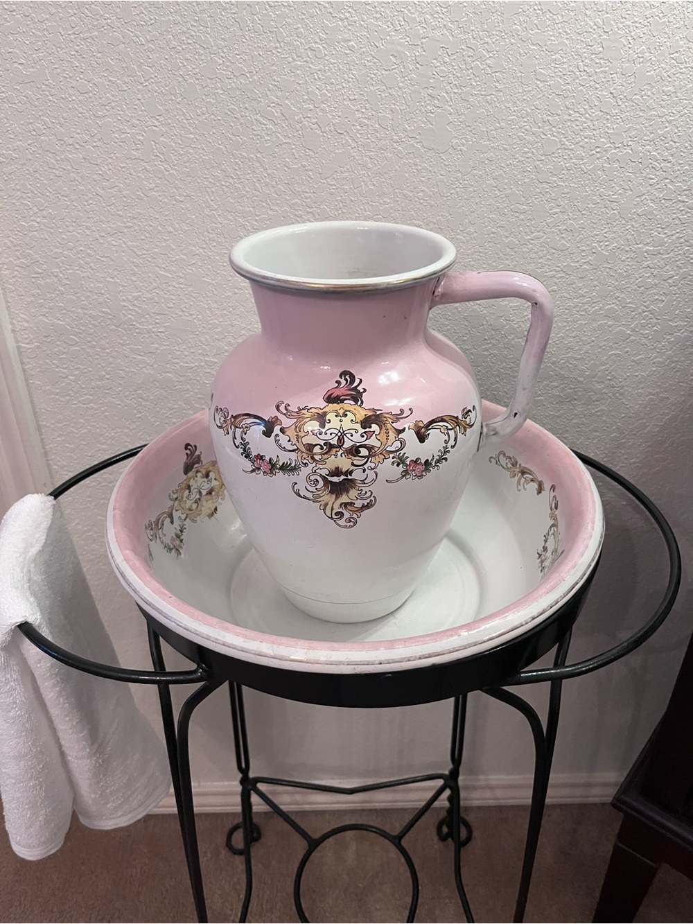 Vintage Pink and White Pitcher and Basin Set